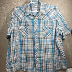 Wrangler Gray Blue Short Sleeve Pearl snap Plaid Western‎ Wrancher Shirt Mens